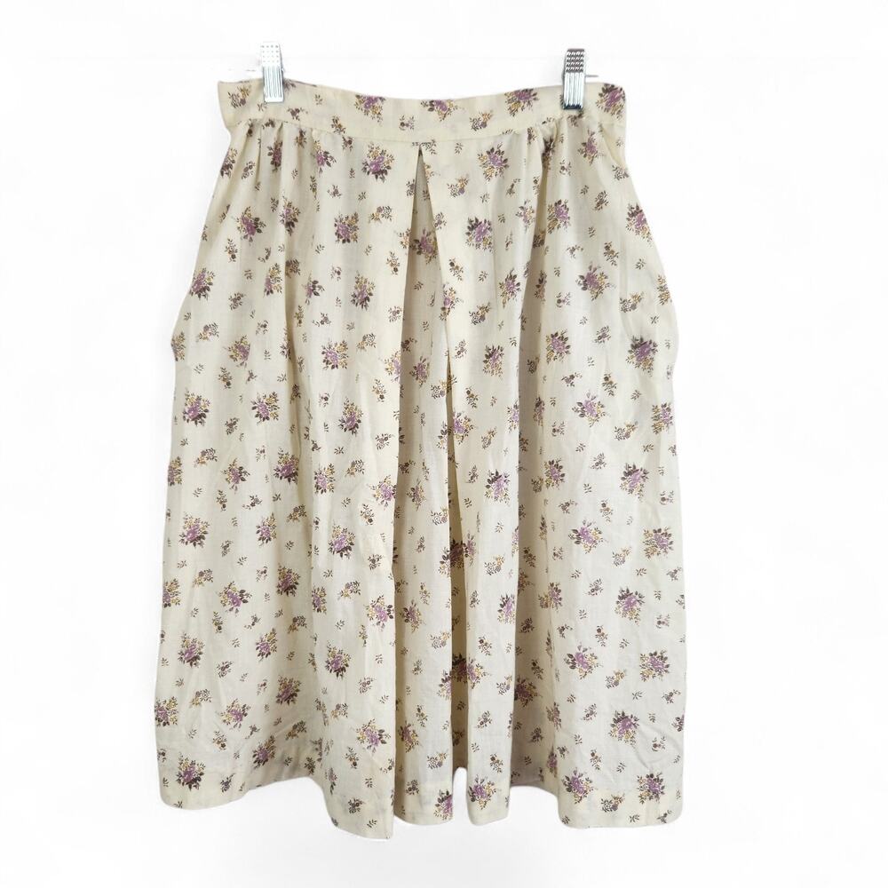 70s Vtg Handmade Cream & Purple Floral Pleated Midi Skirt Medium Pockets Cottag
